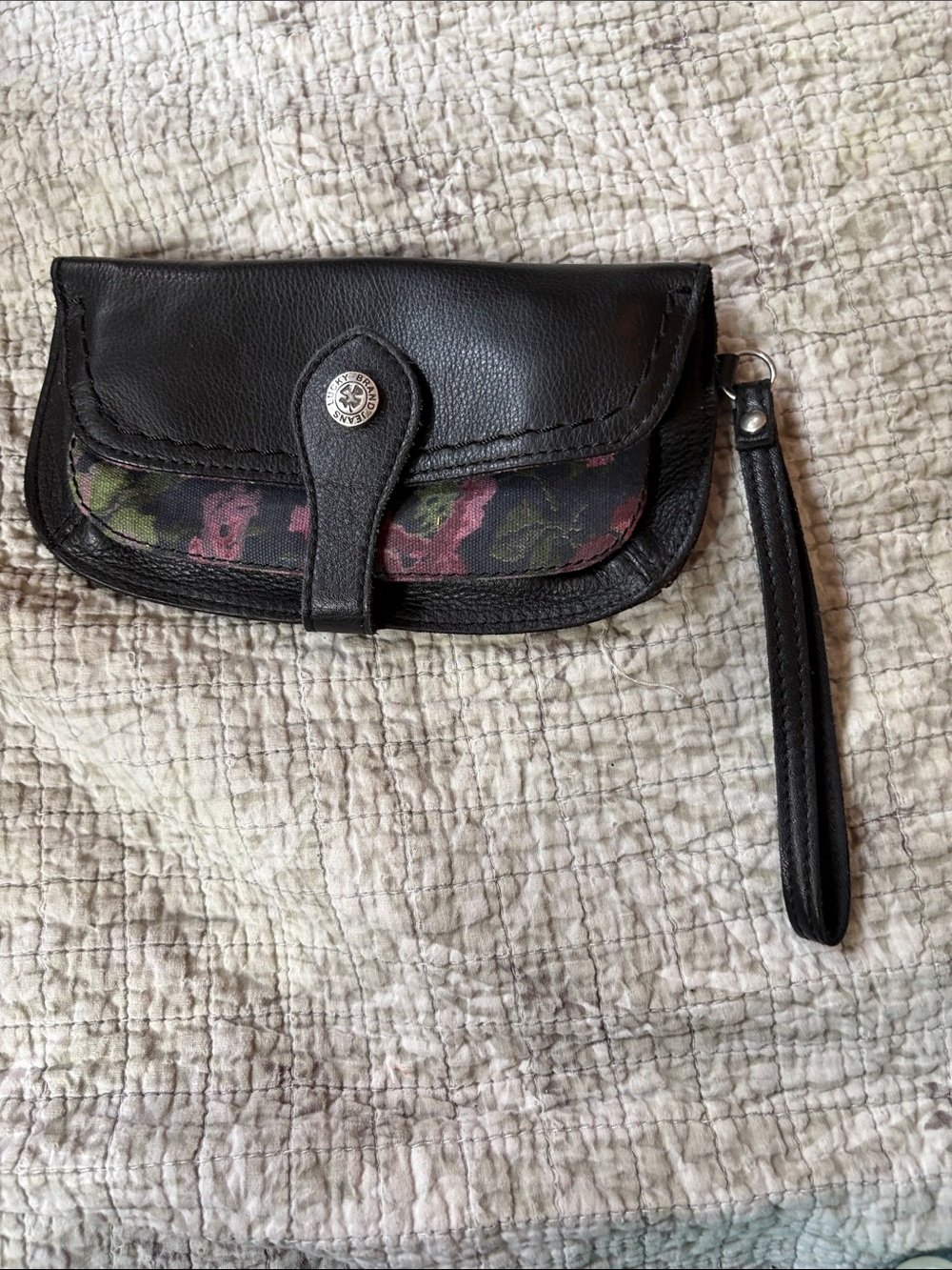 Lucky Brand Black Leather Wristlet Clutch with Pink Floral Fabric Pocket